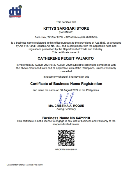 DTI Business Name Registration Certificate